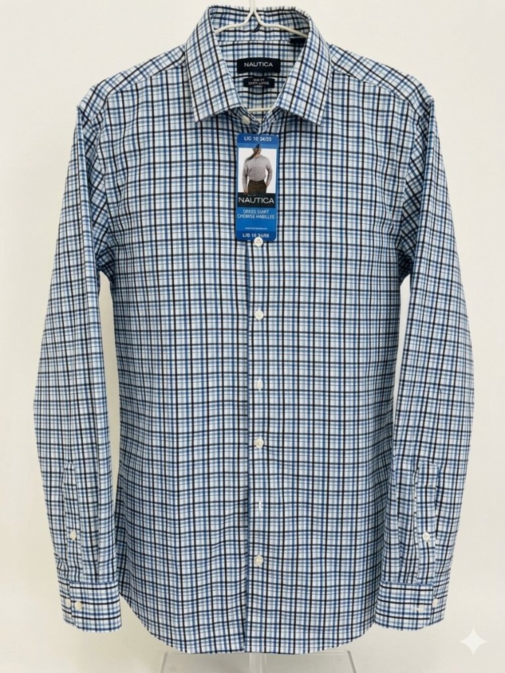 Nautica Men's Dress Shirt L 16 34/35 Blue White Check Stretch Long Sleeve NWT
